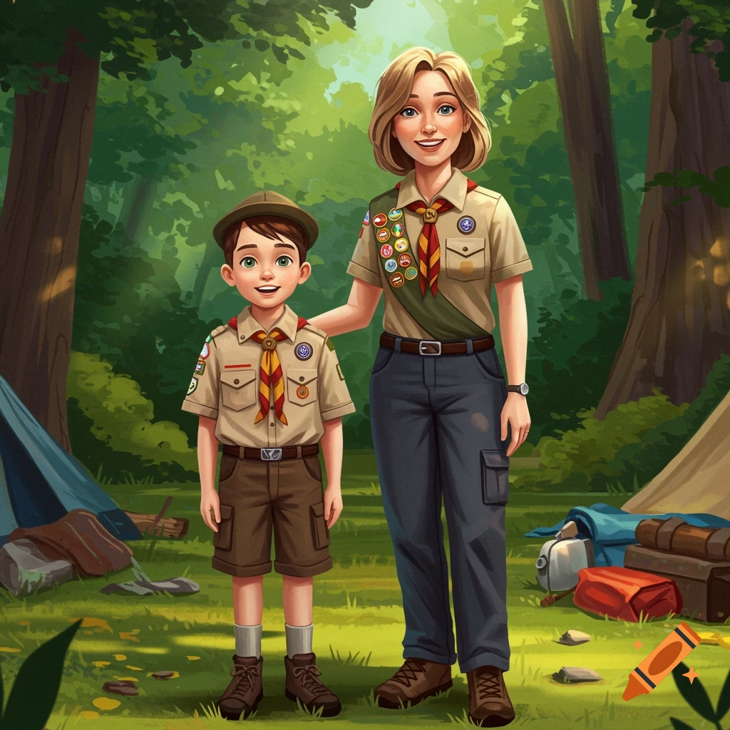 Smiling young Cub Scout boy and adult woman scout leader in a forest with tents, in an illustrated style.