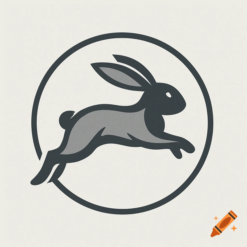 A minimalist logo of a leaping rabbit in shades of grey and black, enclosed within a black circle.