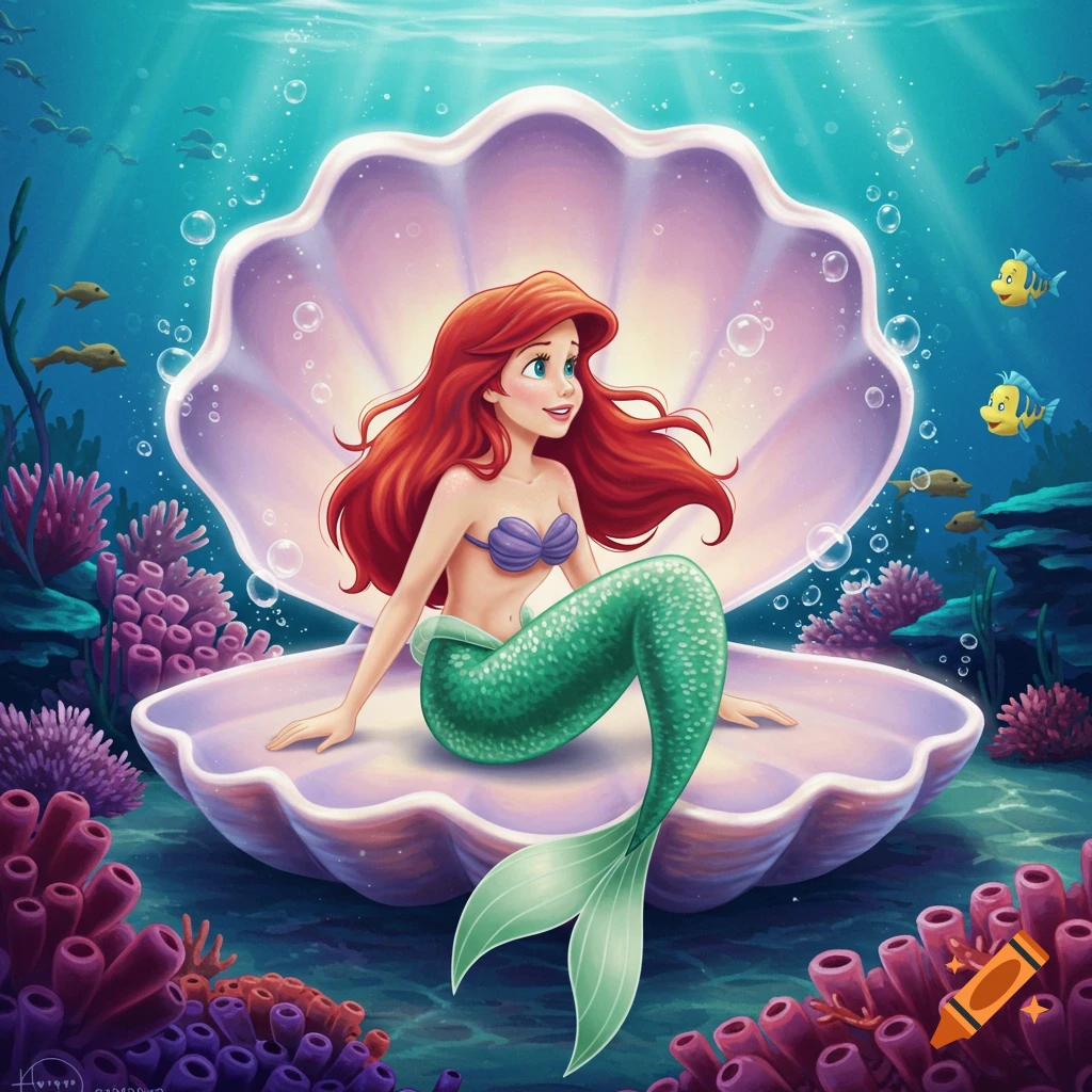 Ariel, the Little Mermaid, with flowing red hair, sits gracefully in a large open purple clamshell underwater, surrounded by coral and fish.