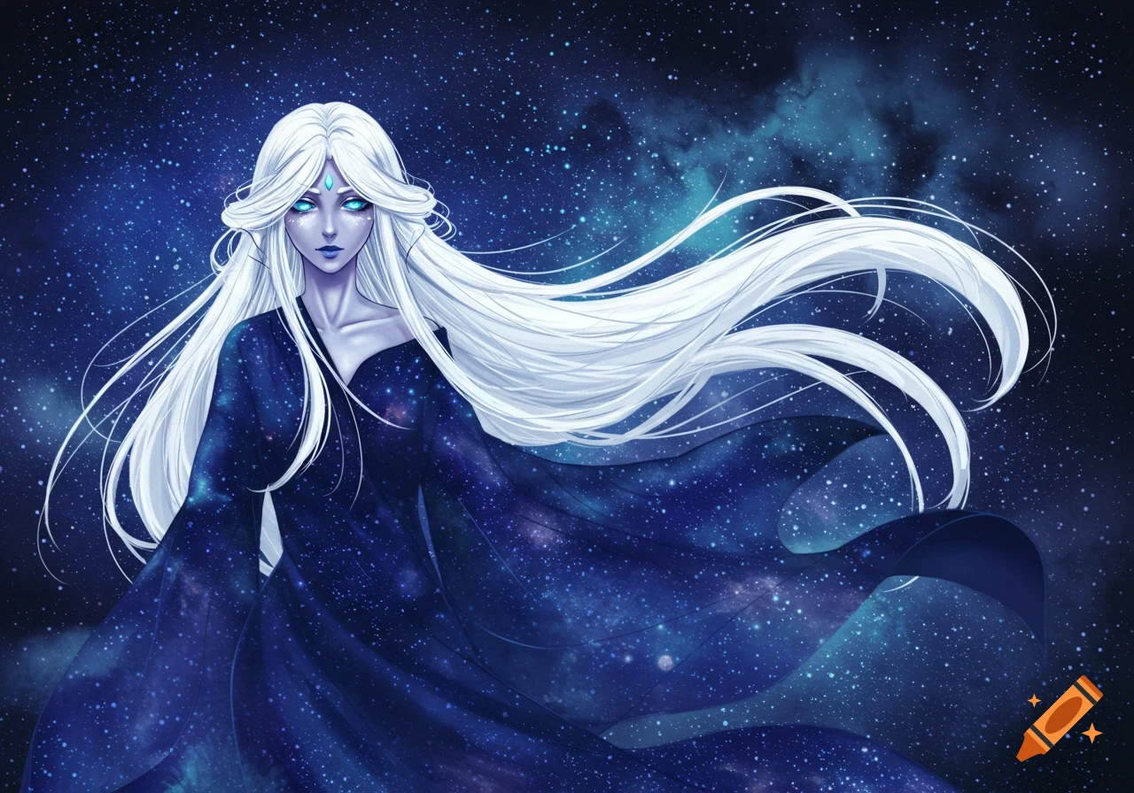 Anime-style goddess with long white hair, blue eyes, and pale skin, wearing a starry cosmic cloak against a dark blue starfield.