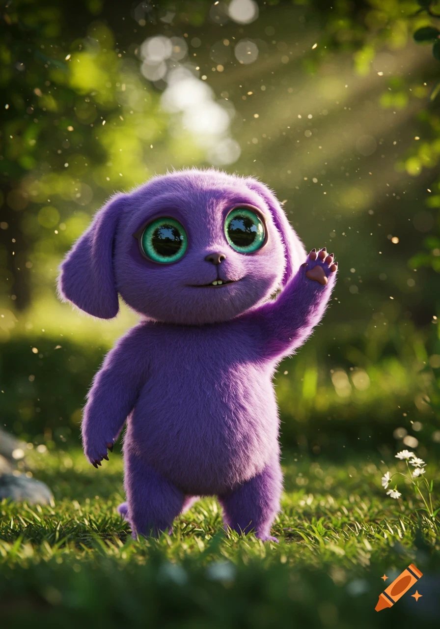 A cute, fluffy purple creature with big green eyes waves in a sunny, grassy forest setting.