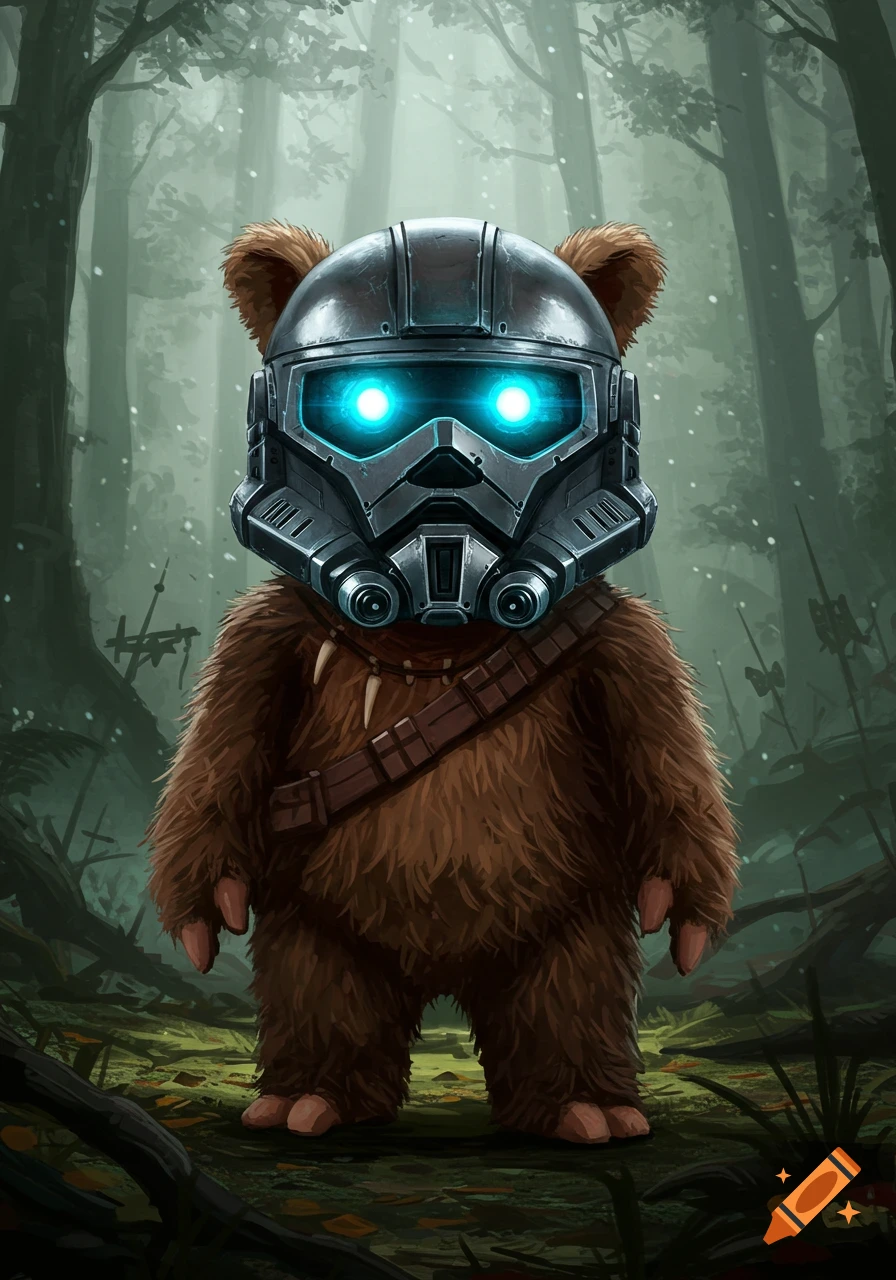A furry Star Wars Ewok wearing a detailed metallic Helldivers 2 helmet with glowing blue eyes, standing in a dark, misty forest. Digital art.