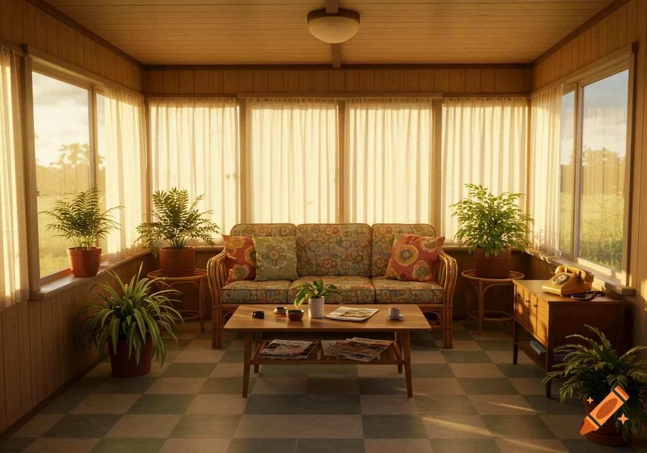 A warm, retro 1960s sunroom with rattan furniture, patterned cushions, potted plants, a coffee table, and a checkered floor, bathed in sunlight from amber-tinted windows.