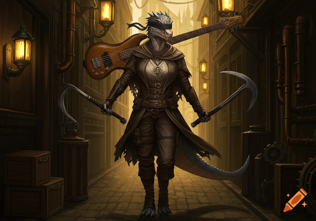 A blindfolded reptilian character in a steampunk alley, wearing an assassin's cloak, holding billhooks, with a bass guitar on her back. Stylized fantasy art.