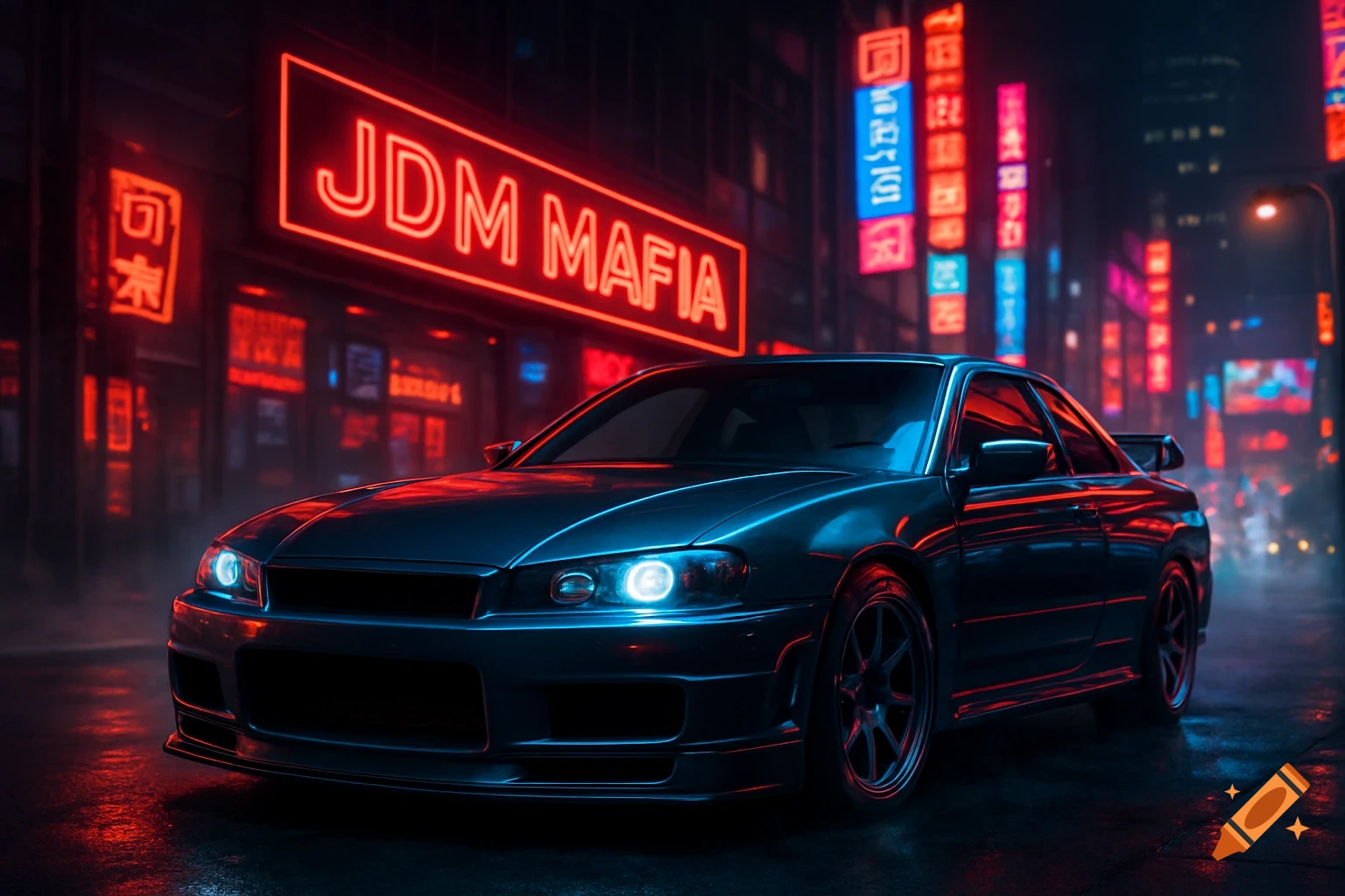 Sleek JDM car parked on a wet city street at night, illuminated by glowing red and blue neon signs, one reading 'JDM MAFIA'.