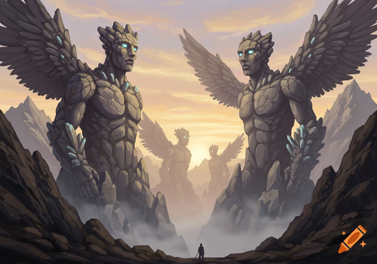 A small figure stands before several giant winged rock golems in a misty mountain landscape at sunset, digital fantasy art.