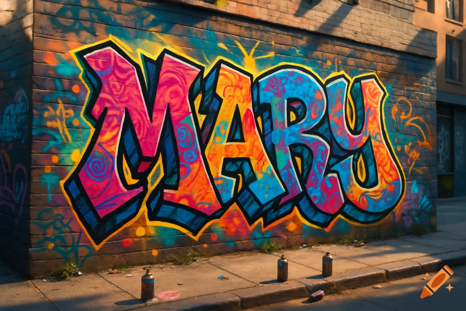 Vibrant, colorful graffiti art spelling the name 'MARY' on a brick wall in an urban setting.