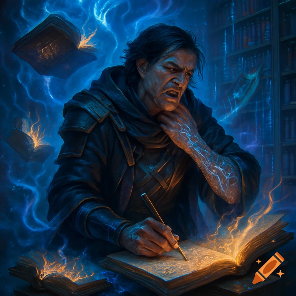 A mystical scribe in robes and futuristic gear writes in a glowing book, surrounded by swirling blue cosmic energy and floating blazing books in a cosmic library.