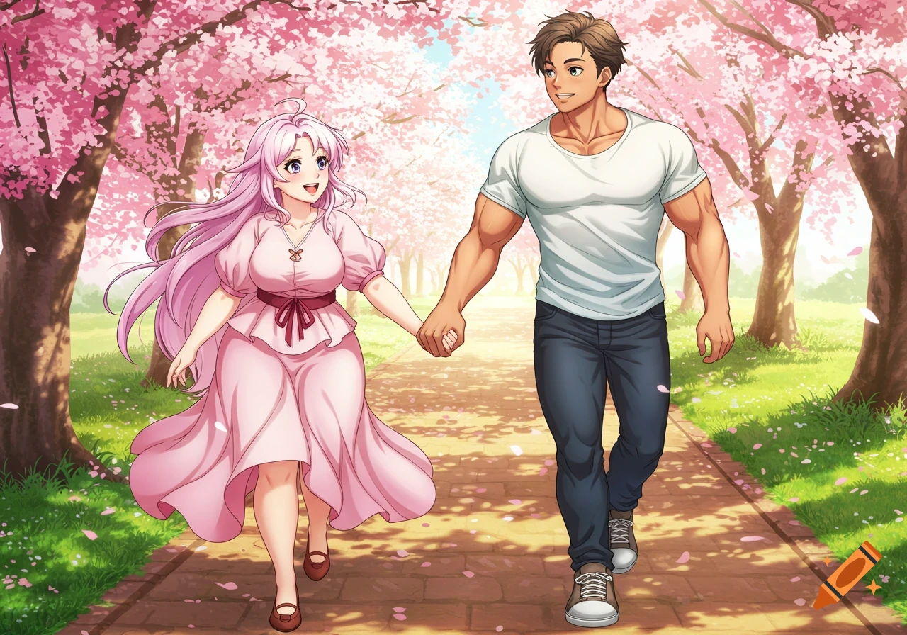 3D anime couple holding hands, walking on a path in a beautiful cherry blossom park.