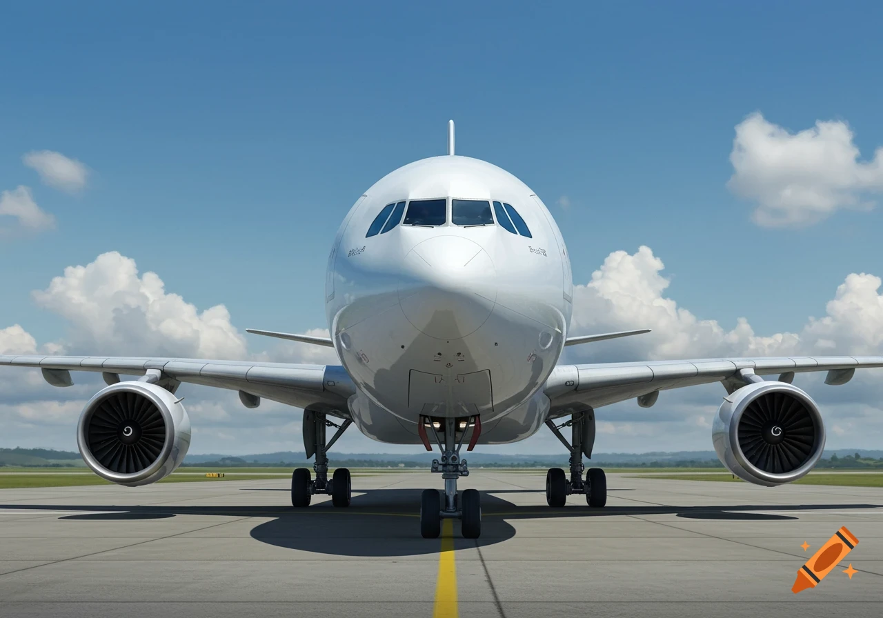 A front view of a large white passenger airplane on a runway under a blue sky with clouds, photorealistic.