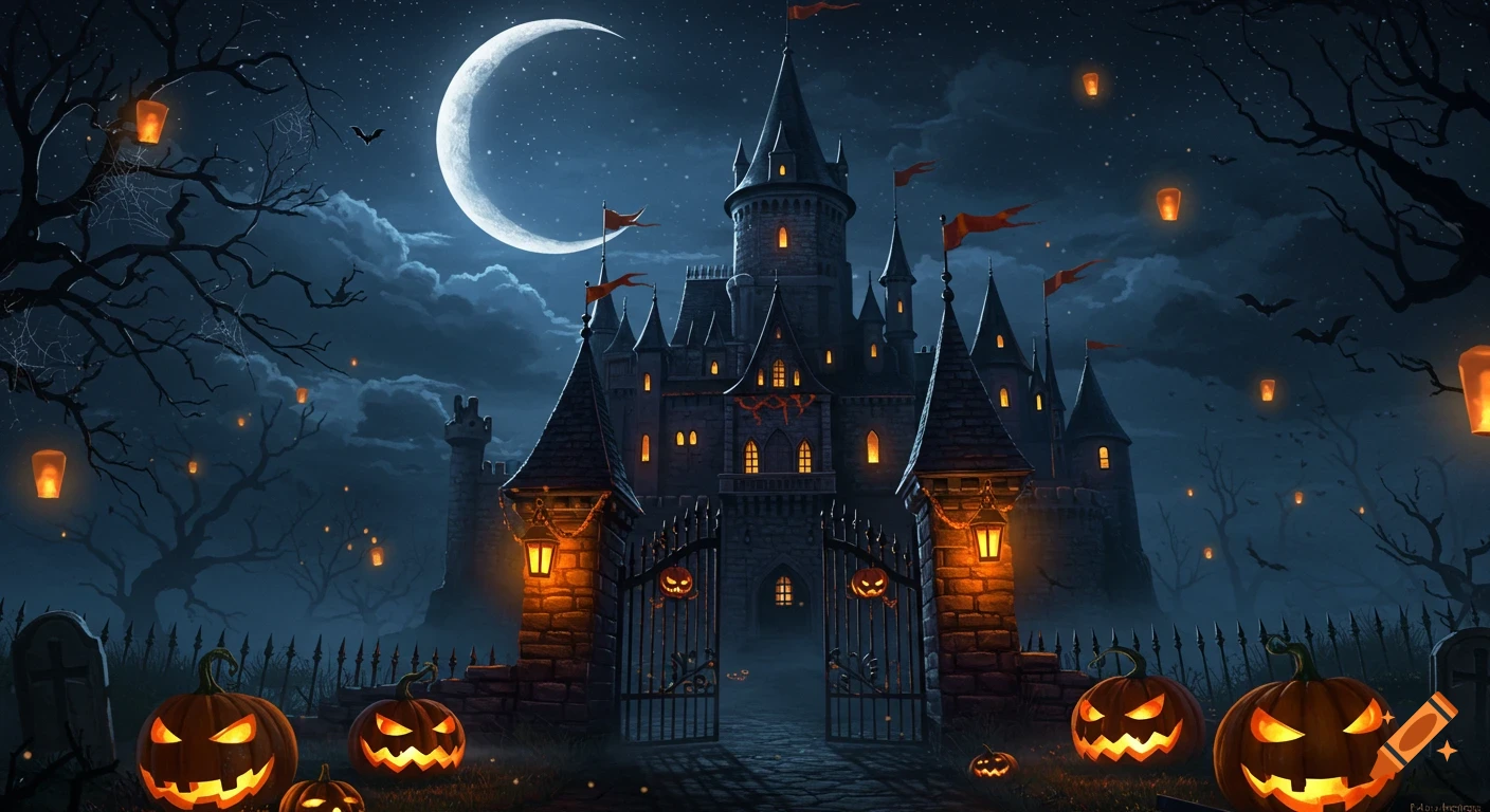 A spooky Halloween castle under a crescent moon, with glowing jack-o'-lanterns, bats, and lanterns in a dark, starry sky.