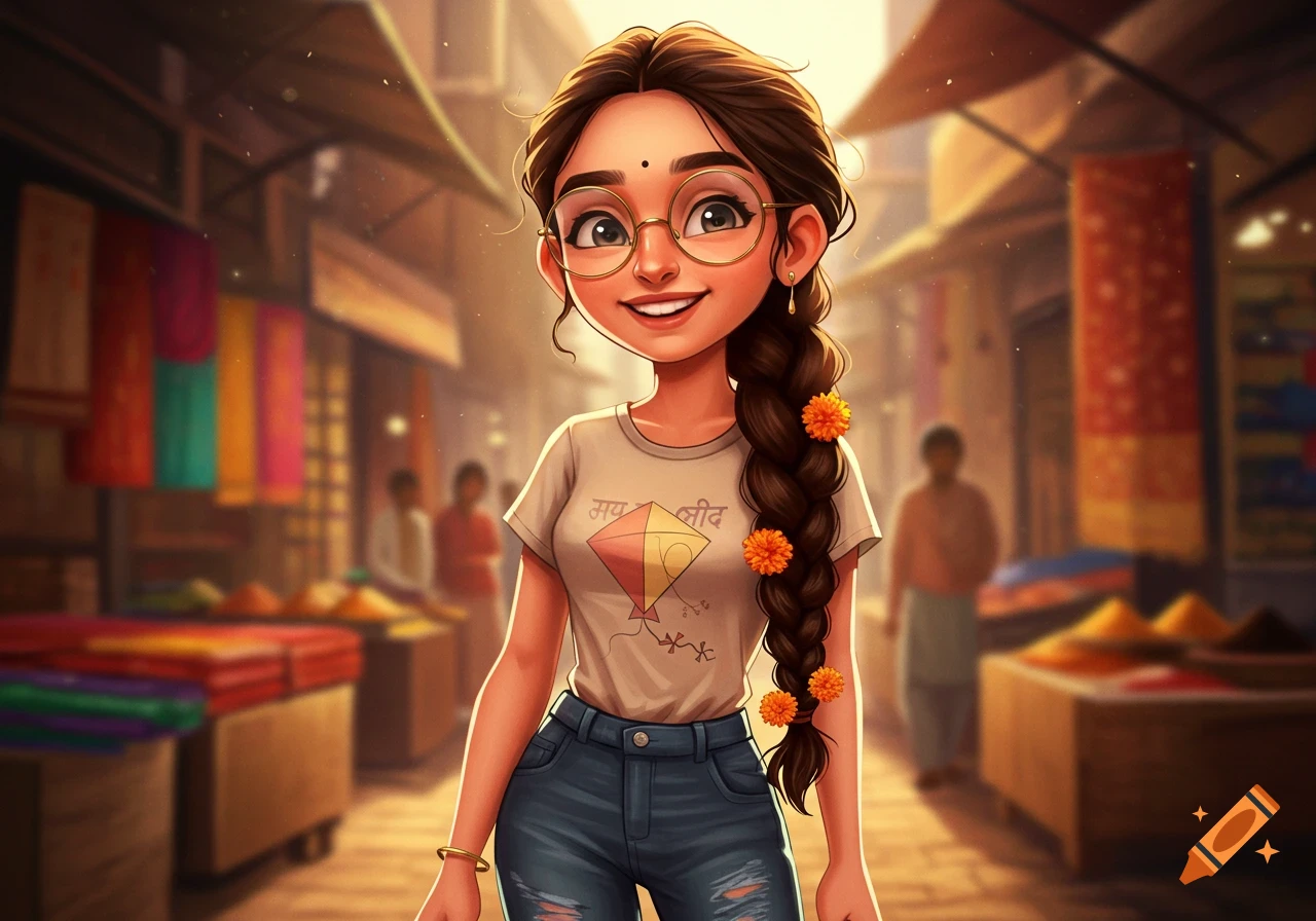 A smiling cartoon Indian girl with glasses and a long braid with flowers, wearing a t-shirt and jeans, stands in a bustling market.