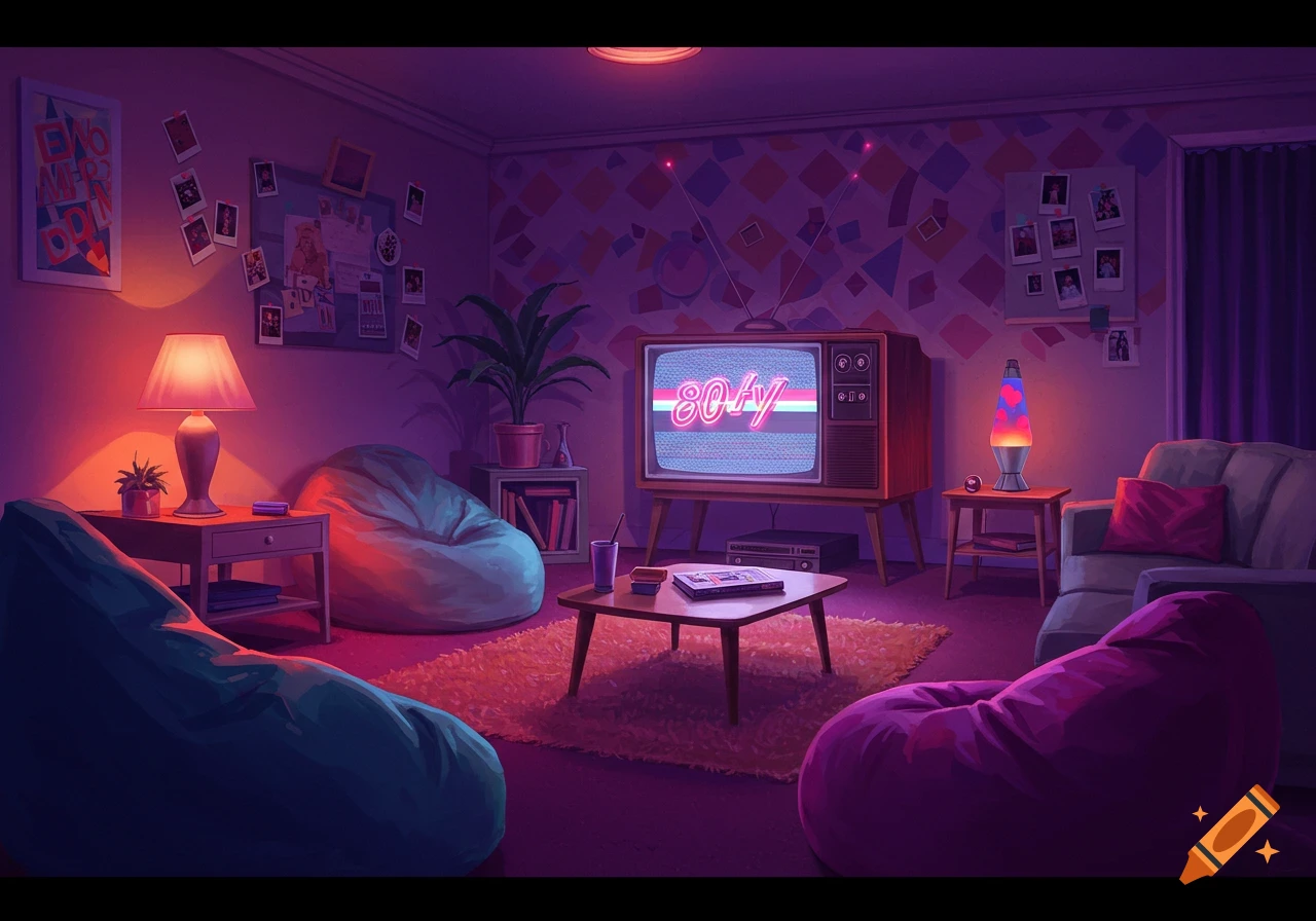 A retro 80s-themed living room with purple and teal lighting, featuring beanbag chairs, a lava lamp, and an old television displaying "80AY" in neon text.