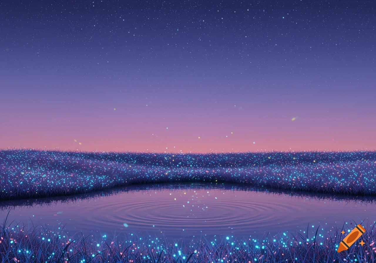 A starry night sky over a field of glowing blue and purple plants around a pond, with a pink horizon.