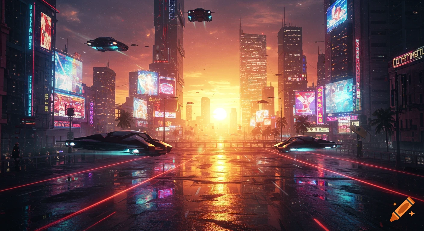 An epic futuristic cyberpunk city at sunset, with flying cars, neon reflections on wet streets, and towering skyscrapers.