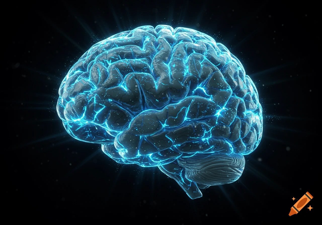 A glowing blue and grey human brain depicted against a dark background, showing neural activity.