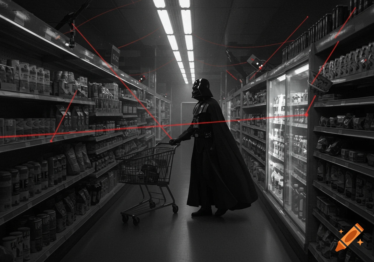 Darth Vader pushes a shopping cart down a black and white supermarket aisle, illuminated by red laser beams.