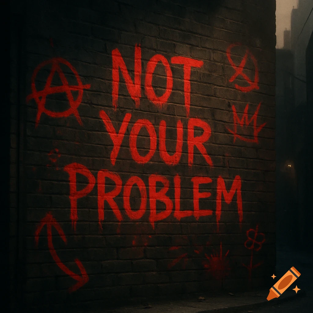 Red graffiti 'NOT YOUR PROBLEM' and rebel symbols on a dark brick wall in a gritty urban setting.