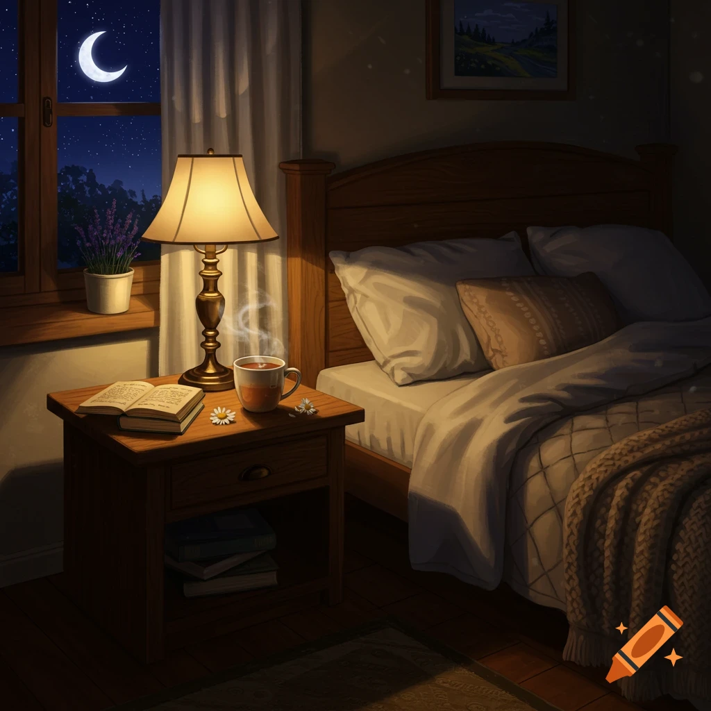 A cozy, warm-lit bedroom at night with an open book and steaming mug on a nightstand beside a bed, and a crescent moon visible through the window.