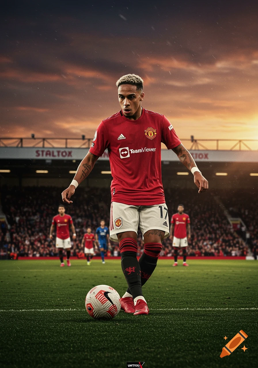 Antony, a Manchester United soccer player, stands on a grass field with a ball at his feet in a stadium at sunset.