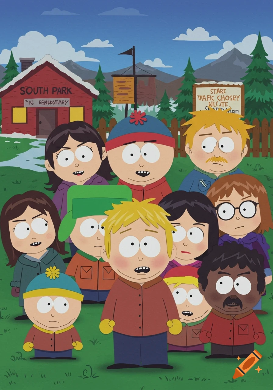 A group photo of South Park characters, with Tweek in the center, standing in front of the South Park Elementary school.