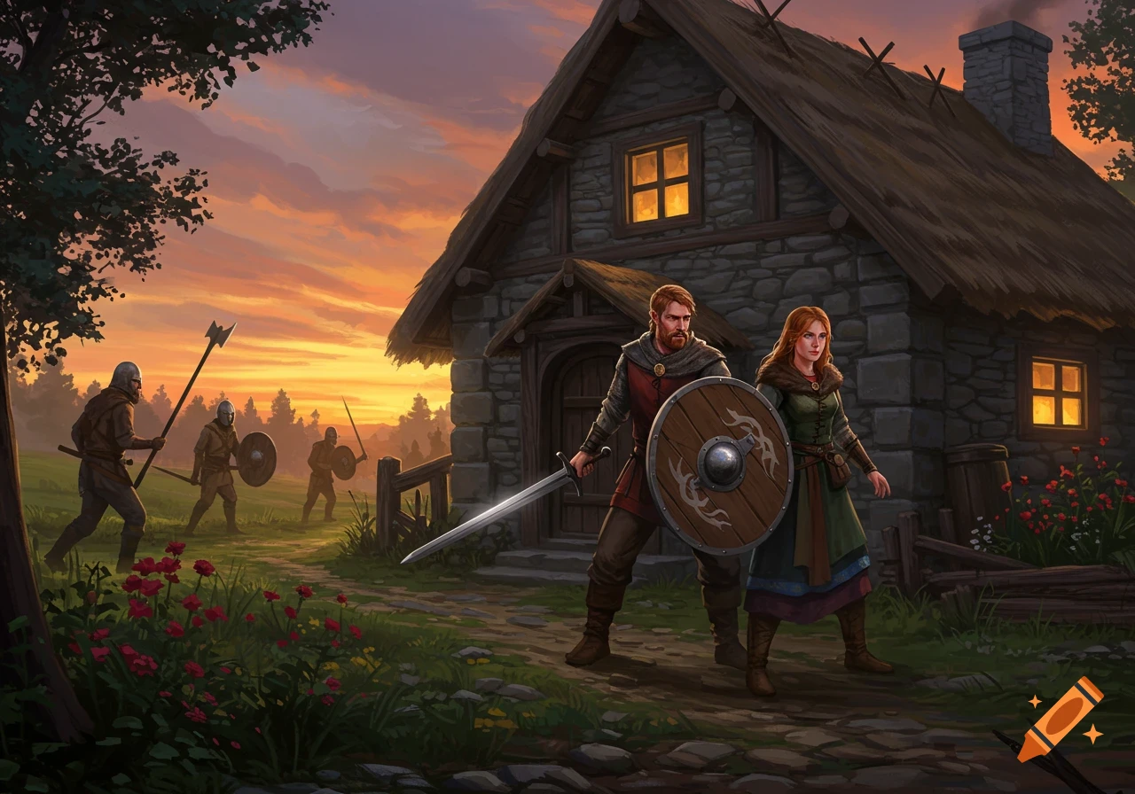 A man and woman defend their stone cottage from raiders at sunset, holding a sword and shield in a detailed fantasy illustration.