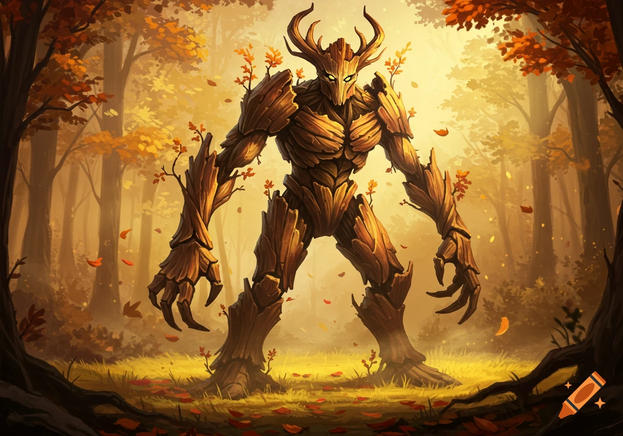 A large, menacing humanoid plant creature made of bark and autumn leaves, with horns and glowing eyes, stands in a golden, sunlit forest.