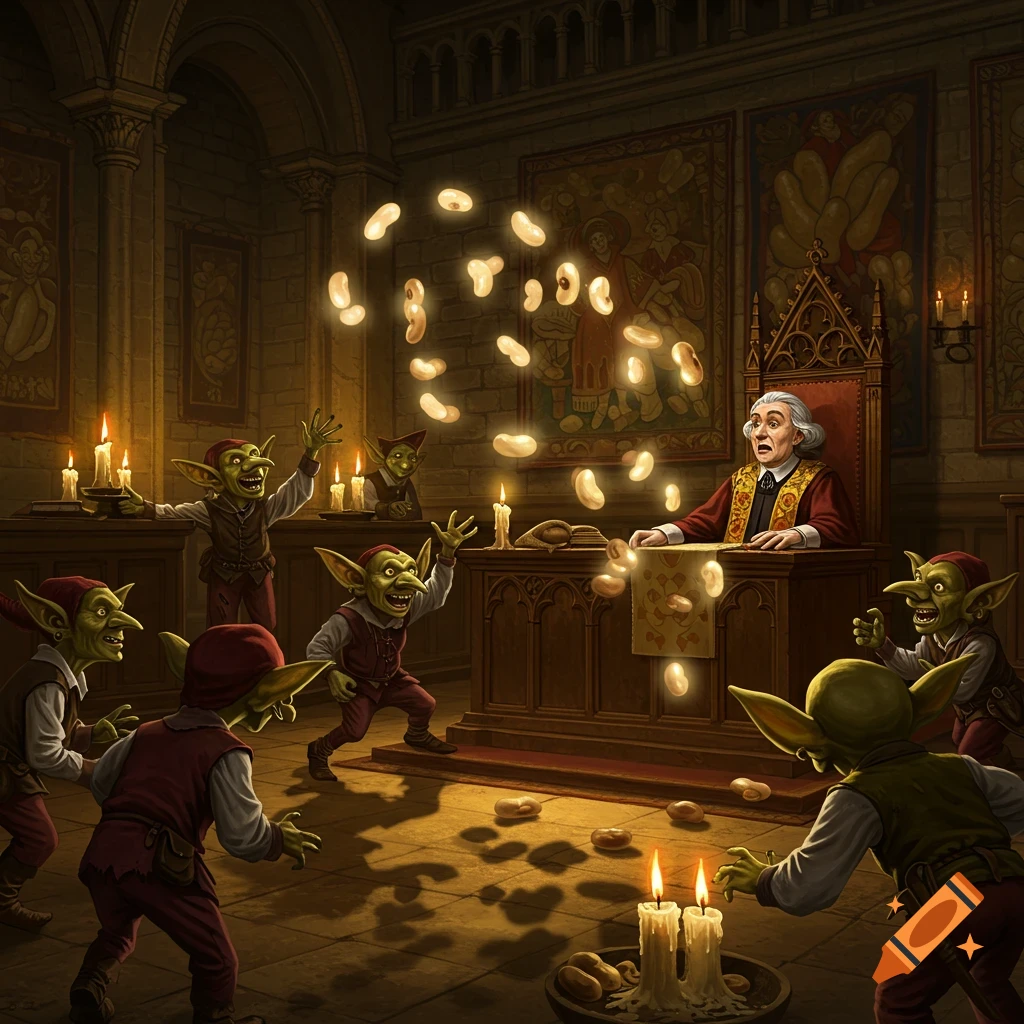 Goblins playfully throw glowing beans at a surprised old man seated at a large desk in a dimly lit, ornate courtroom, in a fantasy art style.