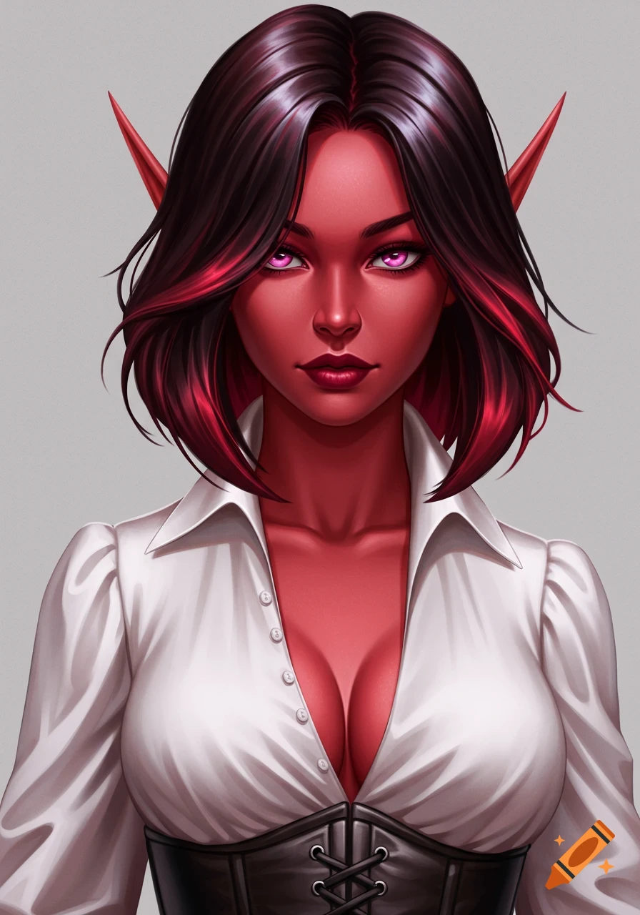 Bust-up fantasy portrait of a dark-red skinned female elf with purple eyes, black and red hair, wearing a white blouse and black corset.