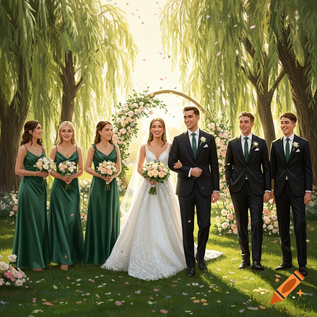 A wedding party walks outdoors under weeping willow trees with a floral arch and falling confetti. The bride wears white, bridesmaids wear green, and groomsmen wear black suits.