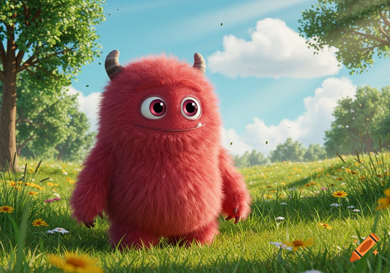 A cute, fuzzy red monster with horns and big eyes smiles in a sunny, green field with flowers.