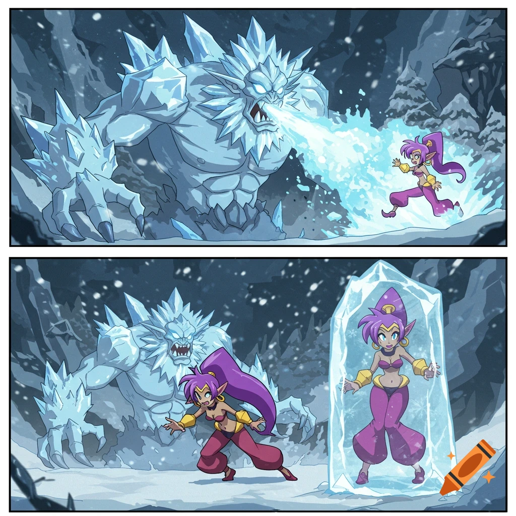 Two comic panels in anime style: An ice monster attacks Shantae with ice breath in a snowy cave, then Shantae is trapped in a block of ice.