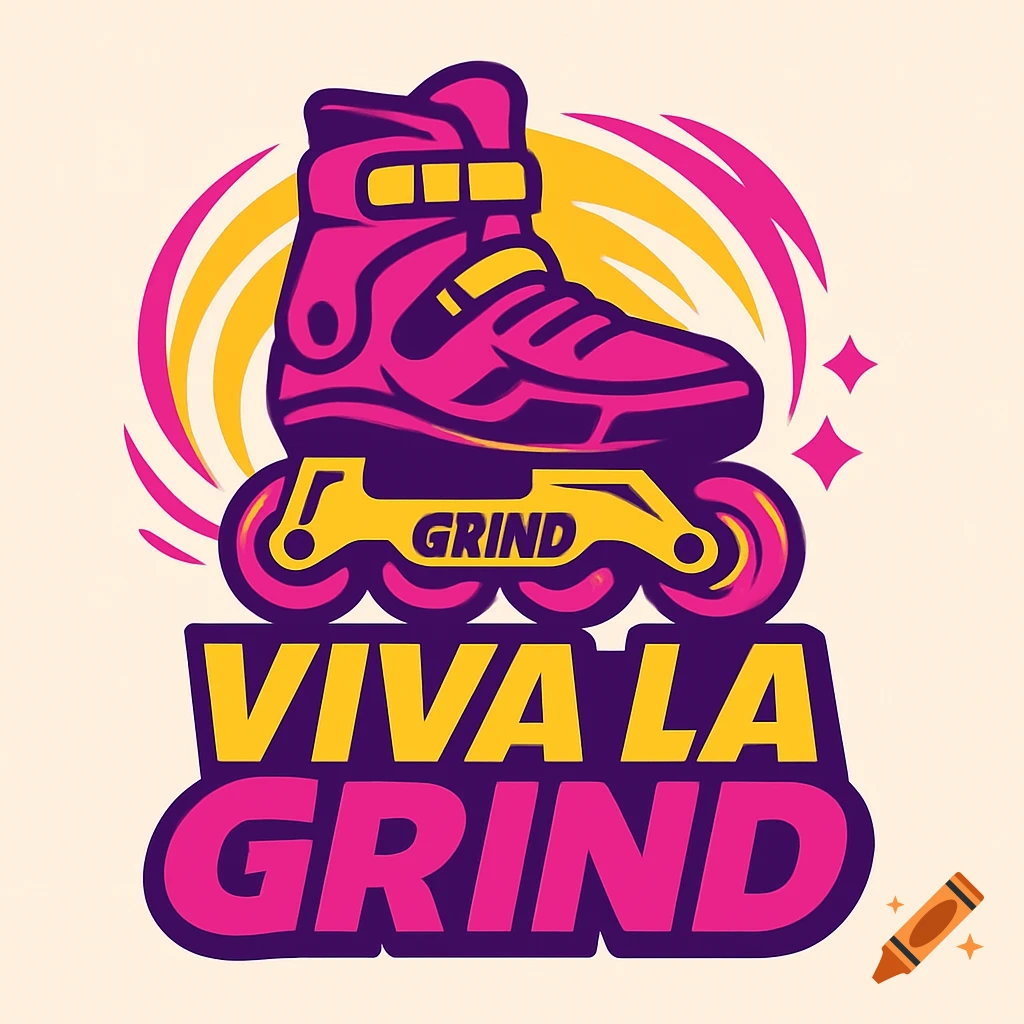 Bright pink and yellow Y2K style rollerblade logo with text 'VIVA LA GRIND' and 'GRIND'.