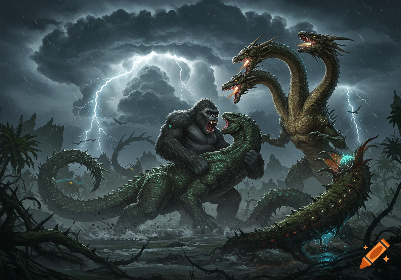 A giant ape battles a green lizard, with a three-headed dragon and a plant monster amidst a stormy, lightning-filled landscape.