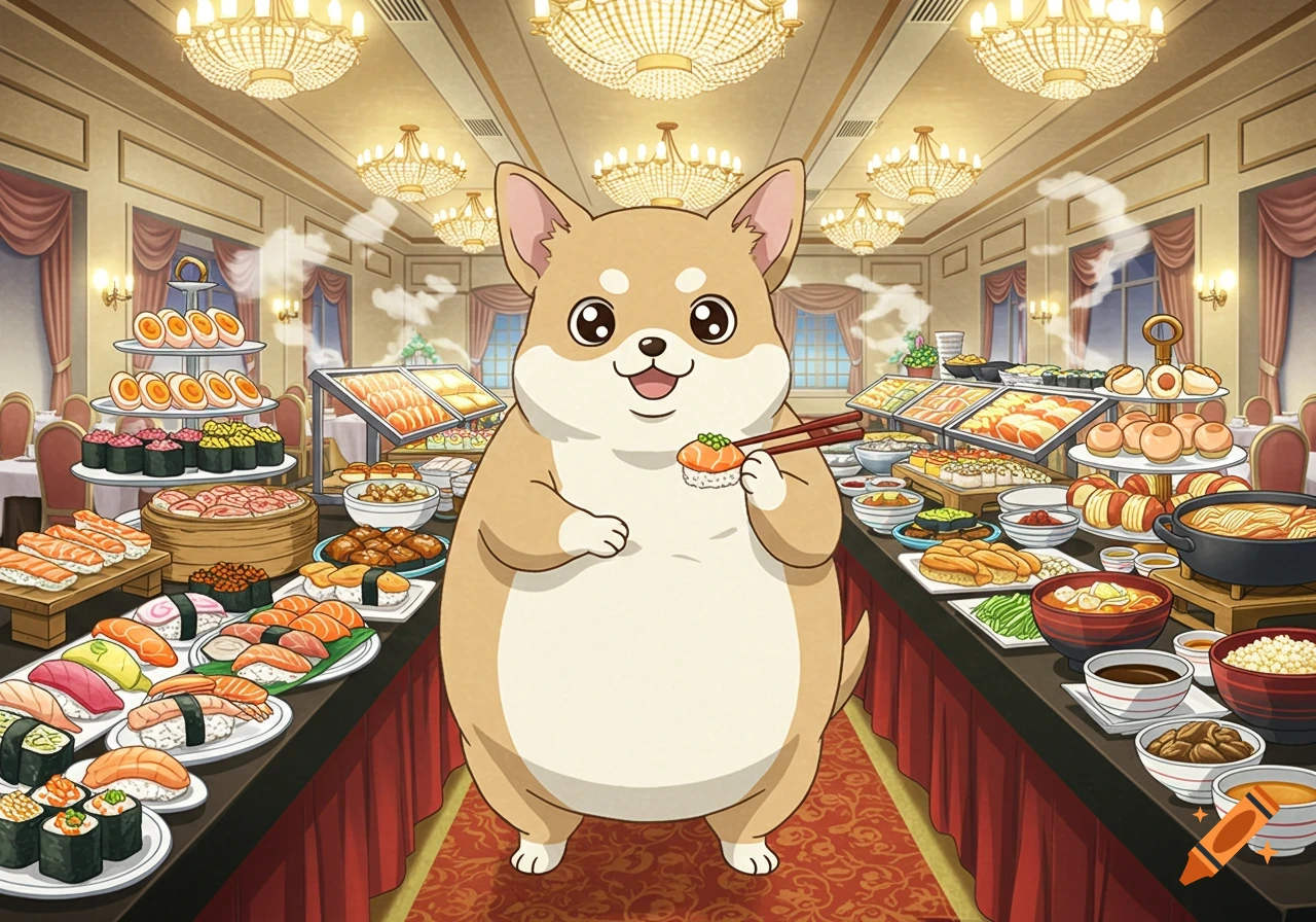 A chubby tan anime dog happily eats sushi with chopsticks at a fancy buffet laden with many dishes.