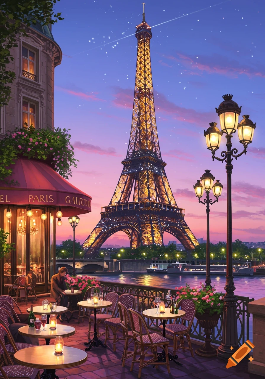 An illuminated Eiffel Tower at sunset, seen from a Parisian cafe patio with tables and glowing lamps.