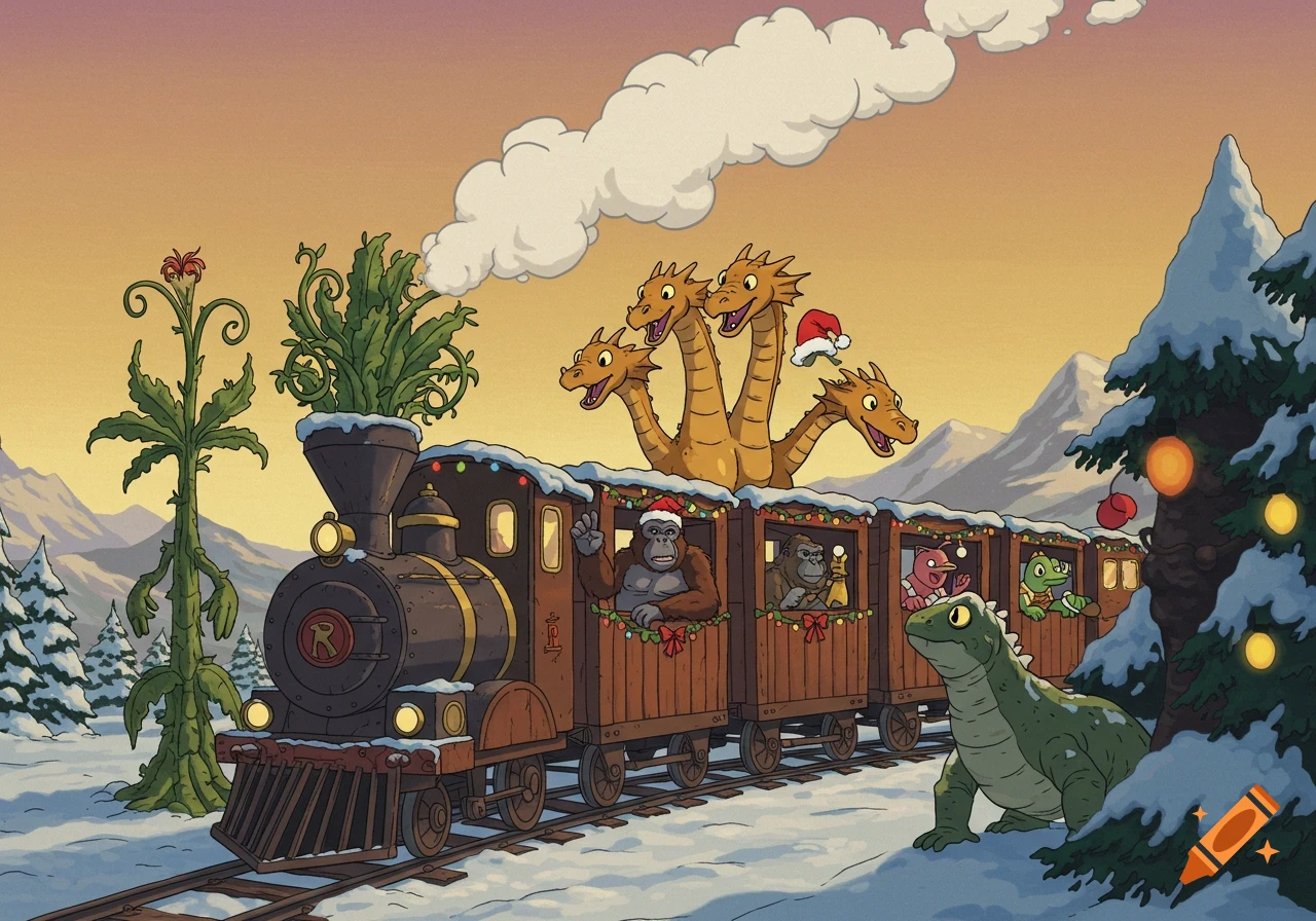 Cartoon Christmas train in a snowy mountain landscape, carrying a five-headed dragon, apes, and other creatures. A plant monster stands by the tracks.