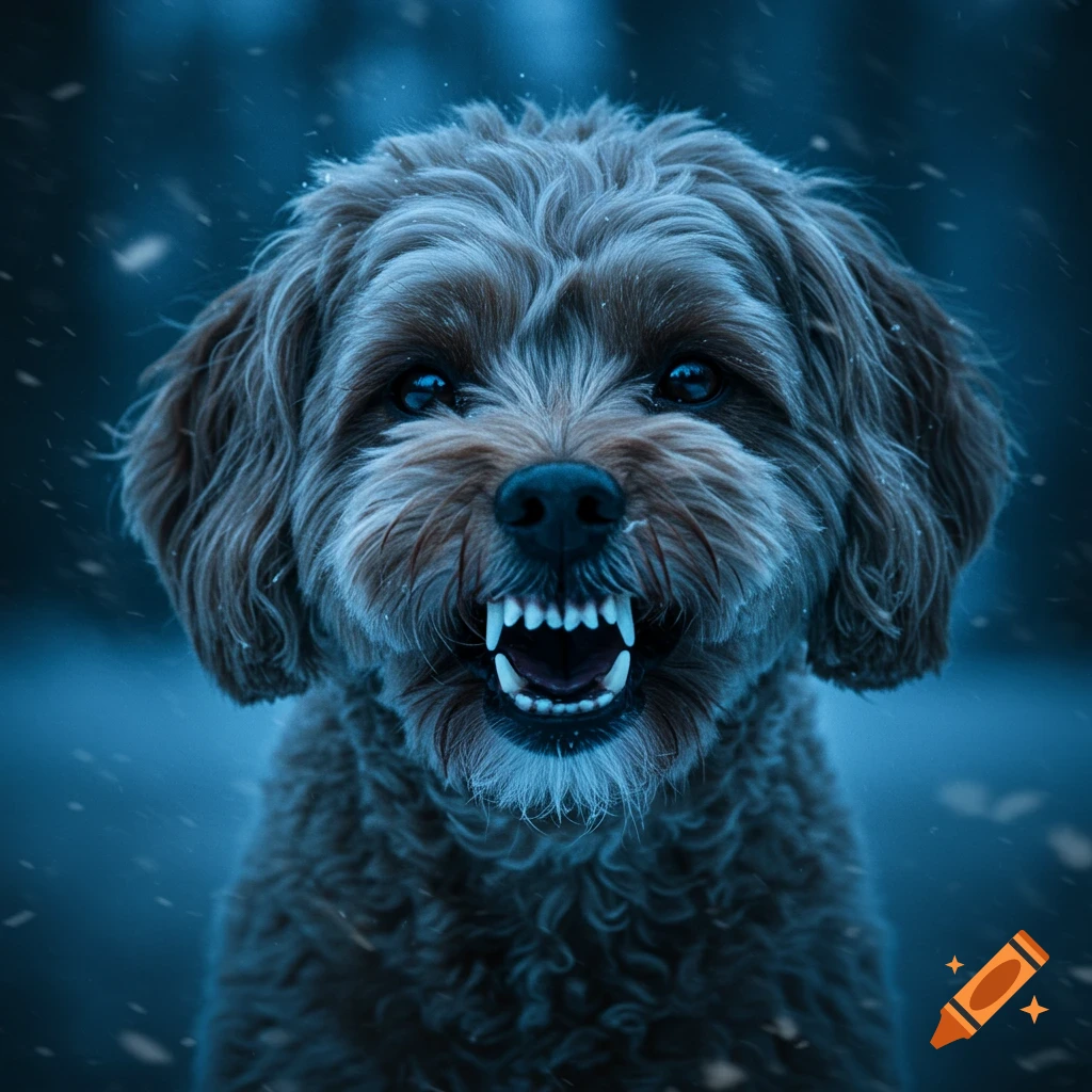 Photorealistic, blue-toned close-up of a brown cockapoo snarling with bared teeth, light snow falling.