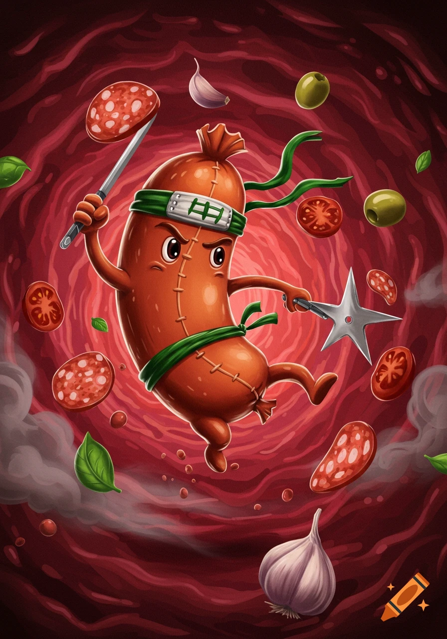 A cartoon ninja sausage wields a sword and shuriken amidst floating Italian ingredients like salami, olives, tomatoes, basil, and garlic, against a red swirling background.