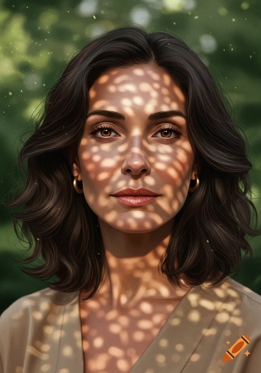 A photorealistic portrait of a woman with dark hair and brown eyes, her face dappled with sunlight against a green background.