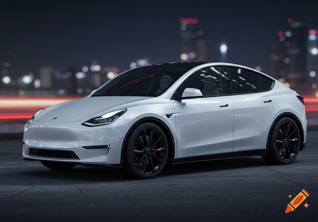 Photorealistic image of a white Tesla Model Y with black wheels and tinted windows, parked at night with city lights in the background.