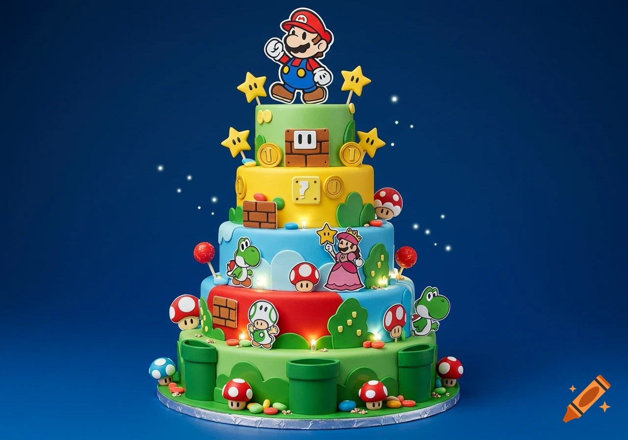 A vibrant Super Mario themed four-tier birthday cake decorated with Mario, Yoshi, Princess Peach, mushrooms, stars, coins, and question blocks on a blue background.