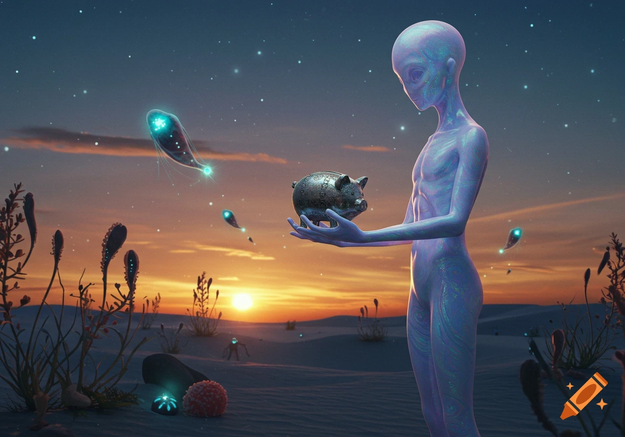 Purple alien holds a metallic piggy bank on a desert planet at sunset with glowing alien plants and floating creatures.
