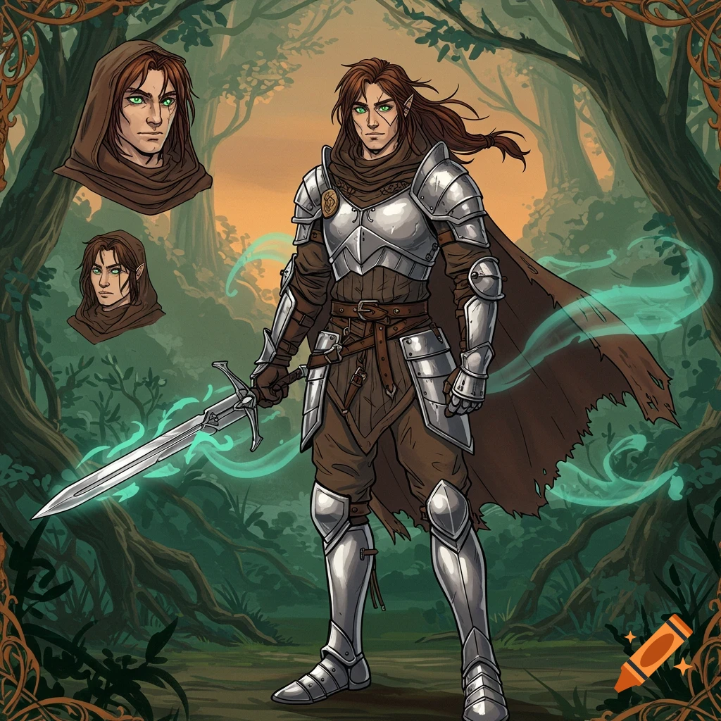Stylized fantasy illustration of a brown-haired elven knight in silver armor, holding a glowing sword, in a forest. Two character busts also shown.