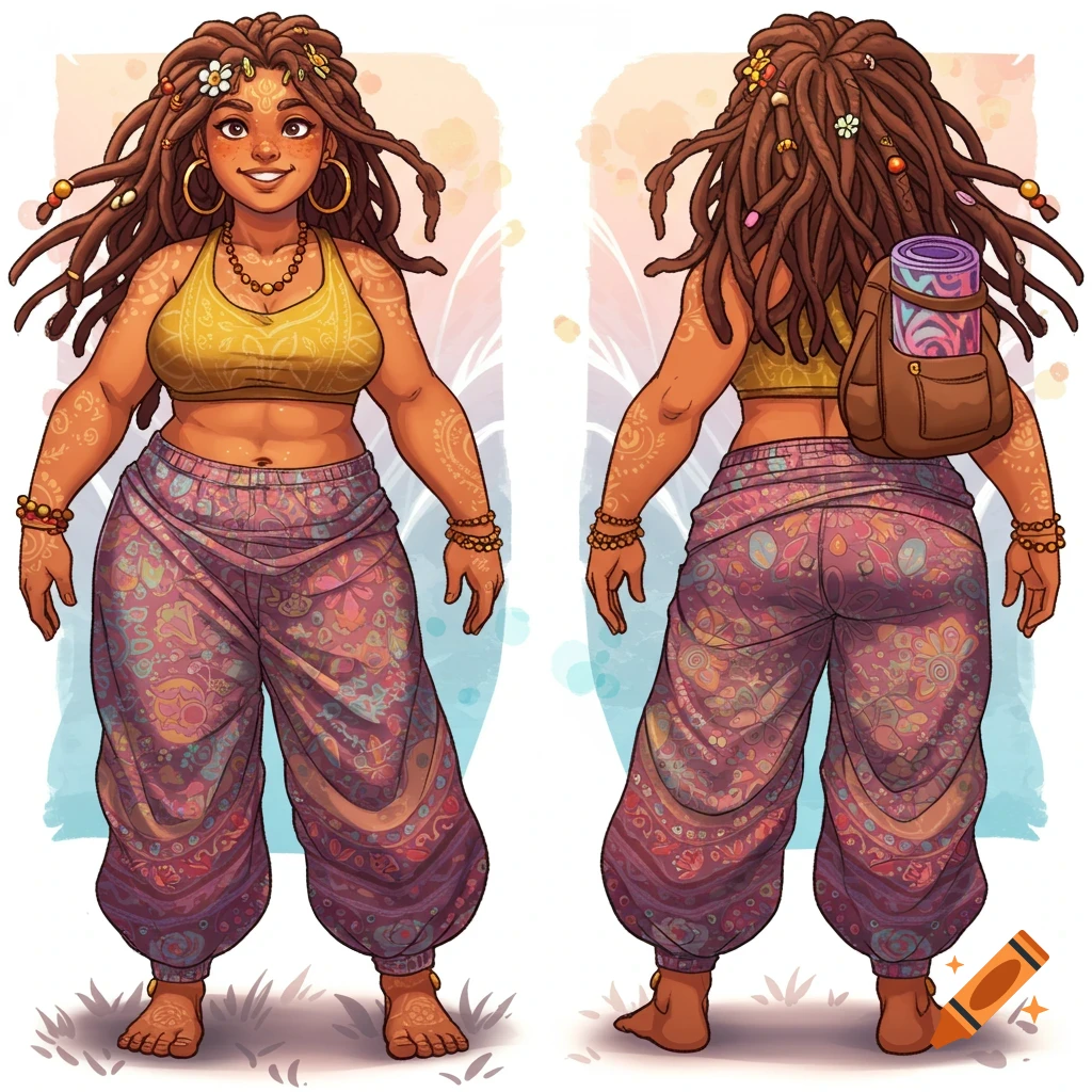 A full-body character design of a smiling plus-size hippie woman with dreadlocks, wearing a yellow top and patterned pants, shown front and back.