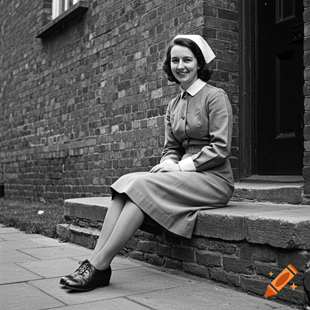 Black and white photograph of a smiling British nurse in uniform sitting on steps in front of a brick building.