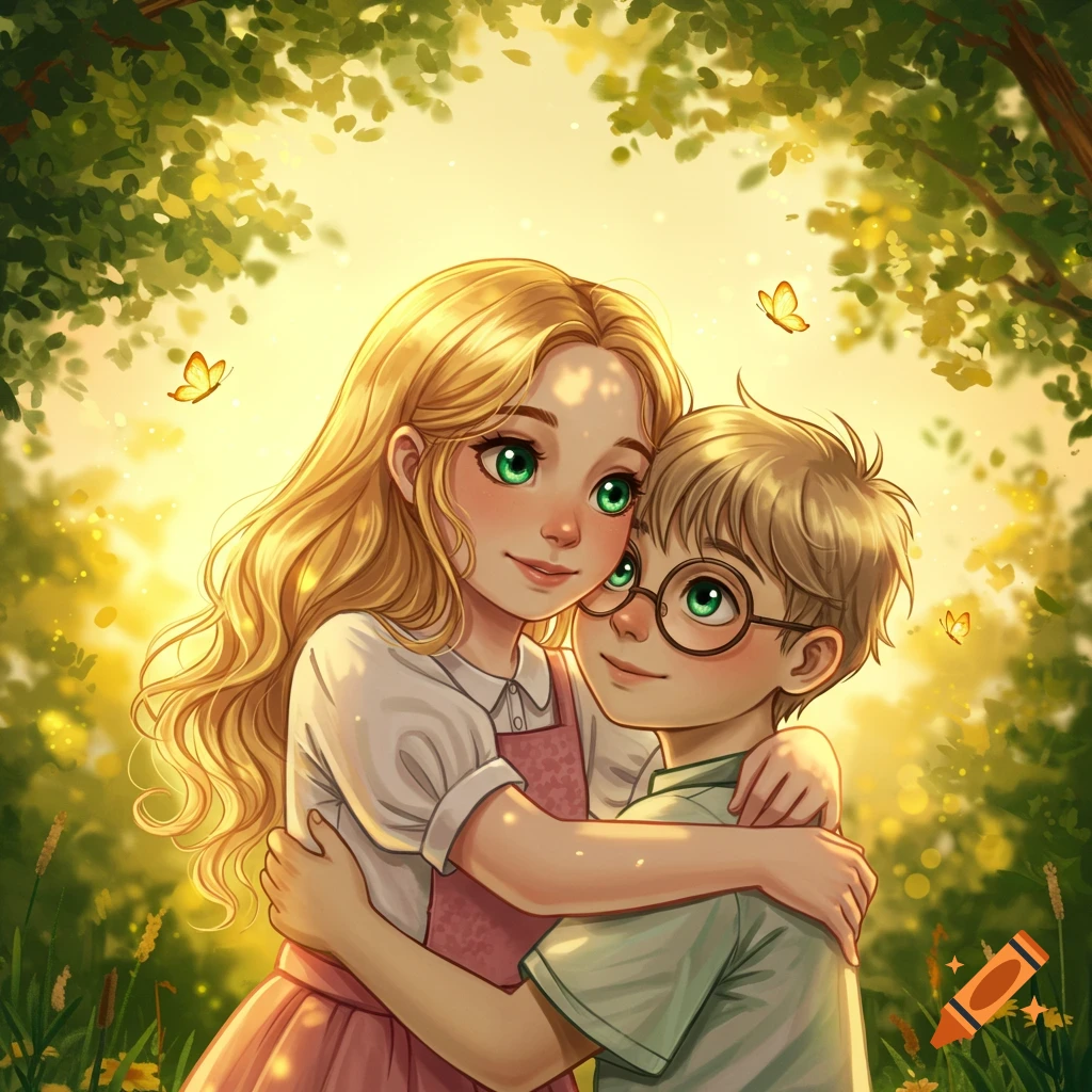 A stylized illustration of a blonde girl with green eyes hugging a boy with dirty blonde hair and glasses, set in a sunny, leafy outdoor scene with butterflies.