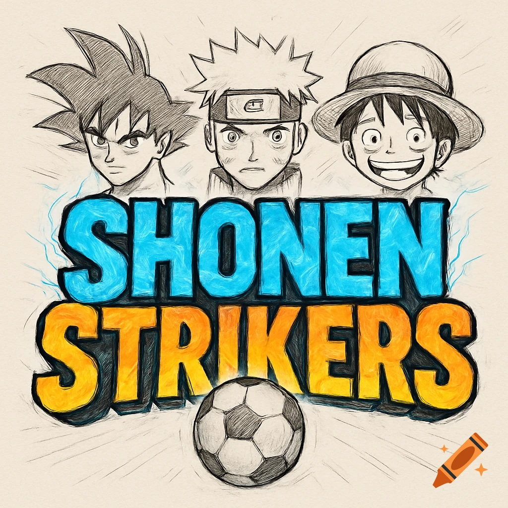 Hand-drawn anime logo with Goku, Naruto, and Luffy above the text 'SHONEN STRIKERS' and a soccer ball.
