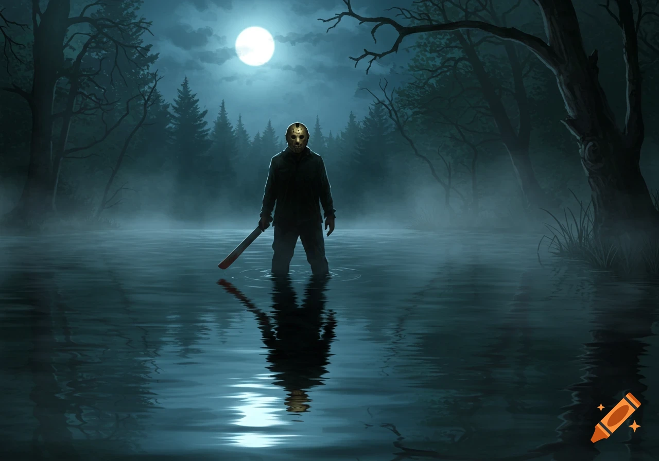 Jason Voorhees stands menacingly in a misty, moonlit lake, holding a bloody machete in a dark forest scene, digital illustration.