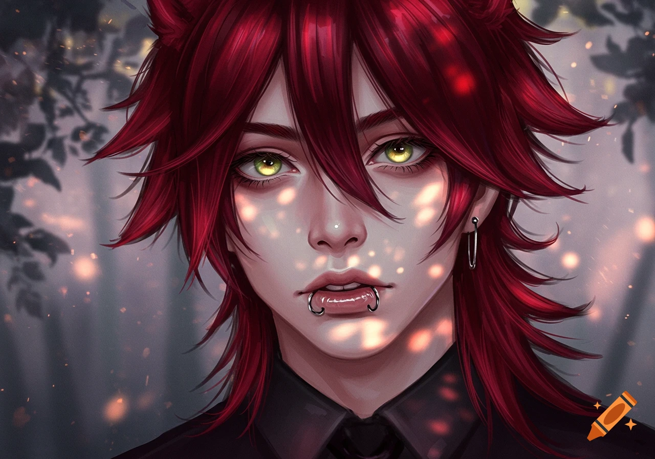 A stylized anime portrait of a pale man with vivid red spiky hair, glowing yellow eyes, and two lip rings, against a bokeh background.